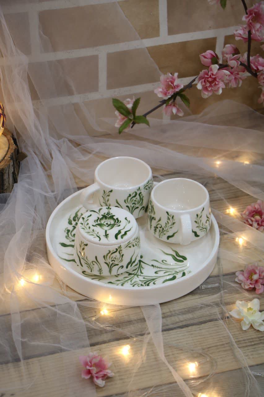ست چای خوری دونفره سرامیکی دستساز سبز نقاشی شده