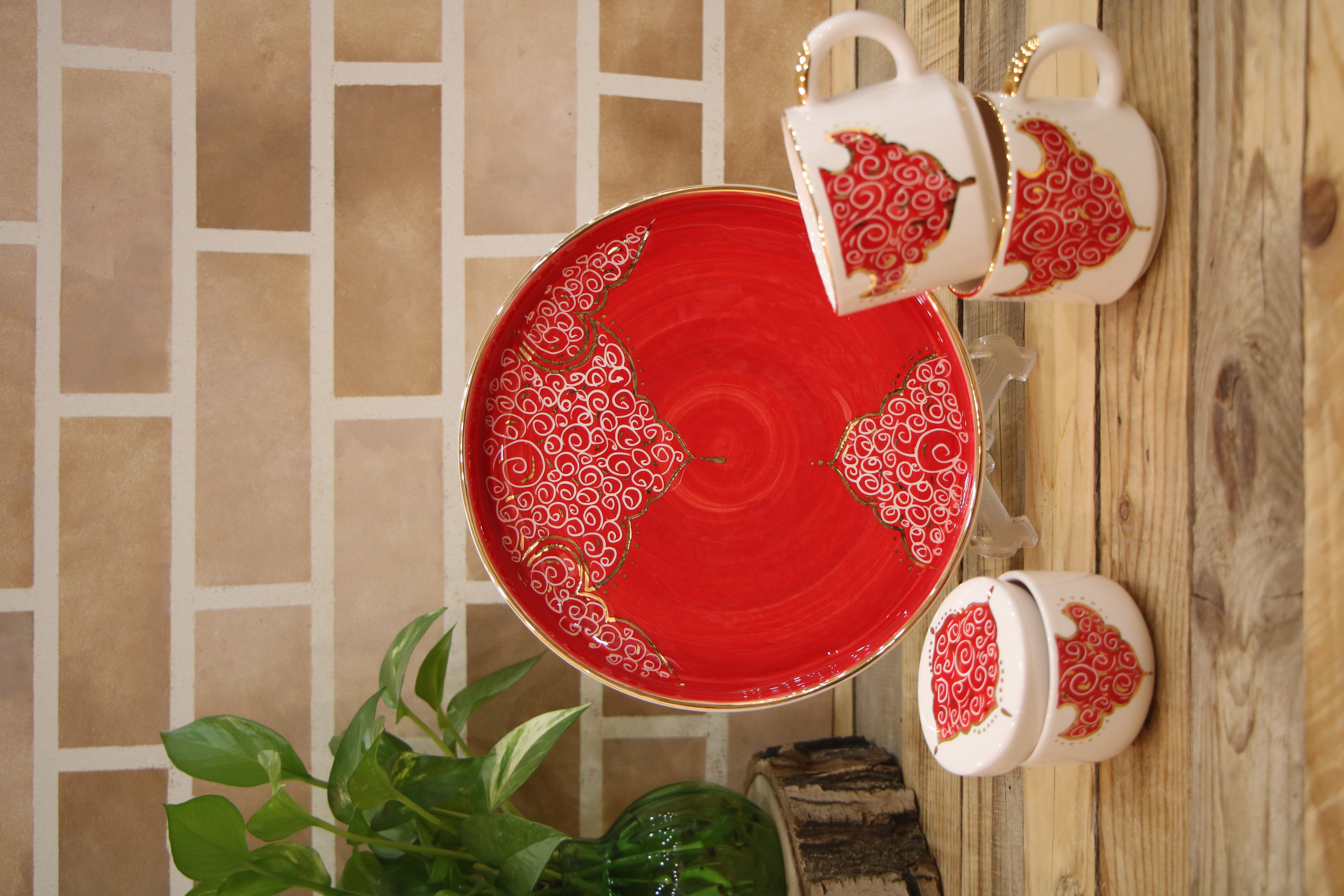ست چای خوری دونفره سرامیکی دستساز نقاشی شده لبه طلادار