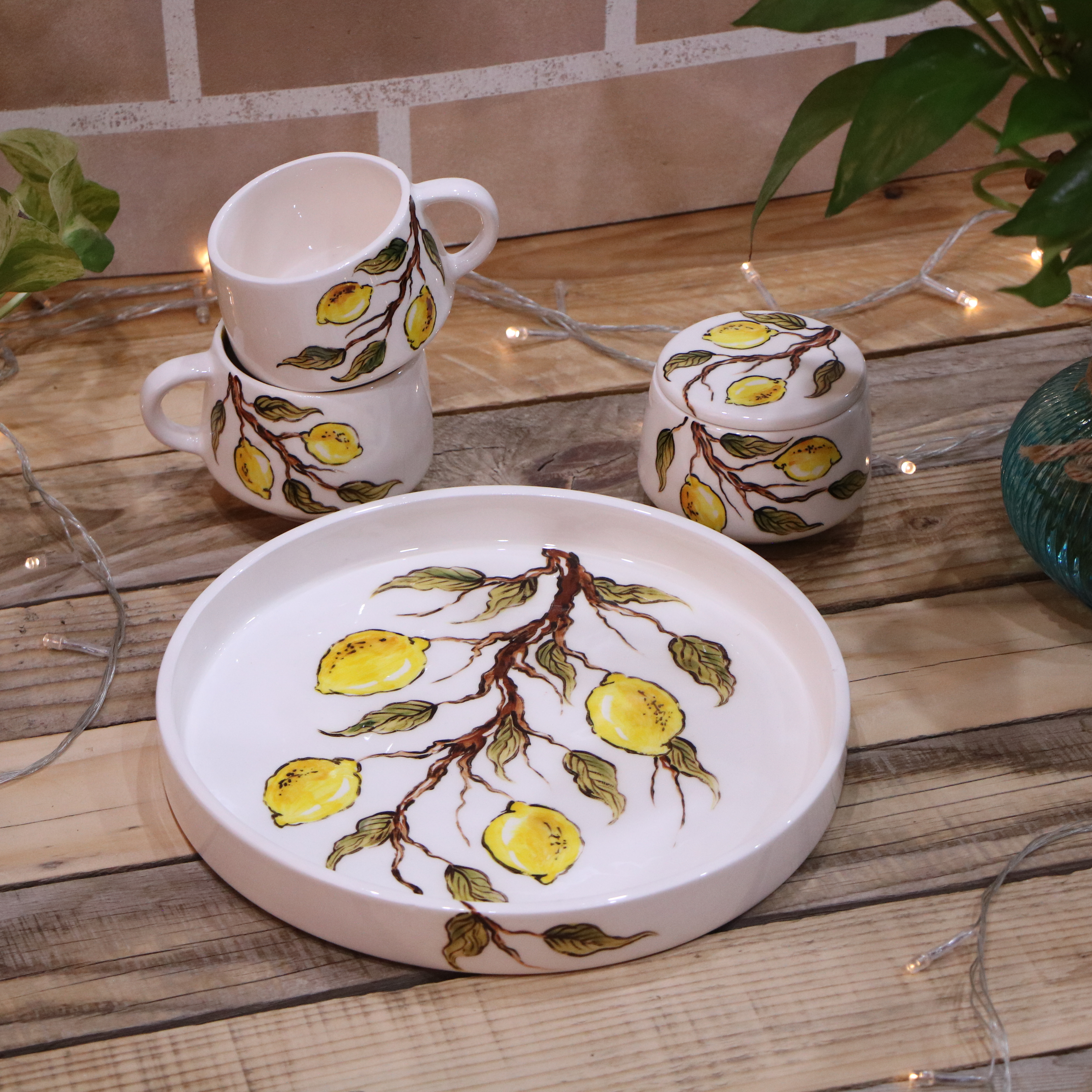 ست چای خوری دونفره سرامیکی دستساز لیمو نقاشی شده