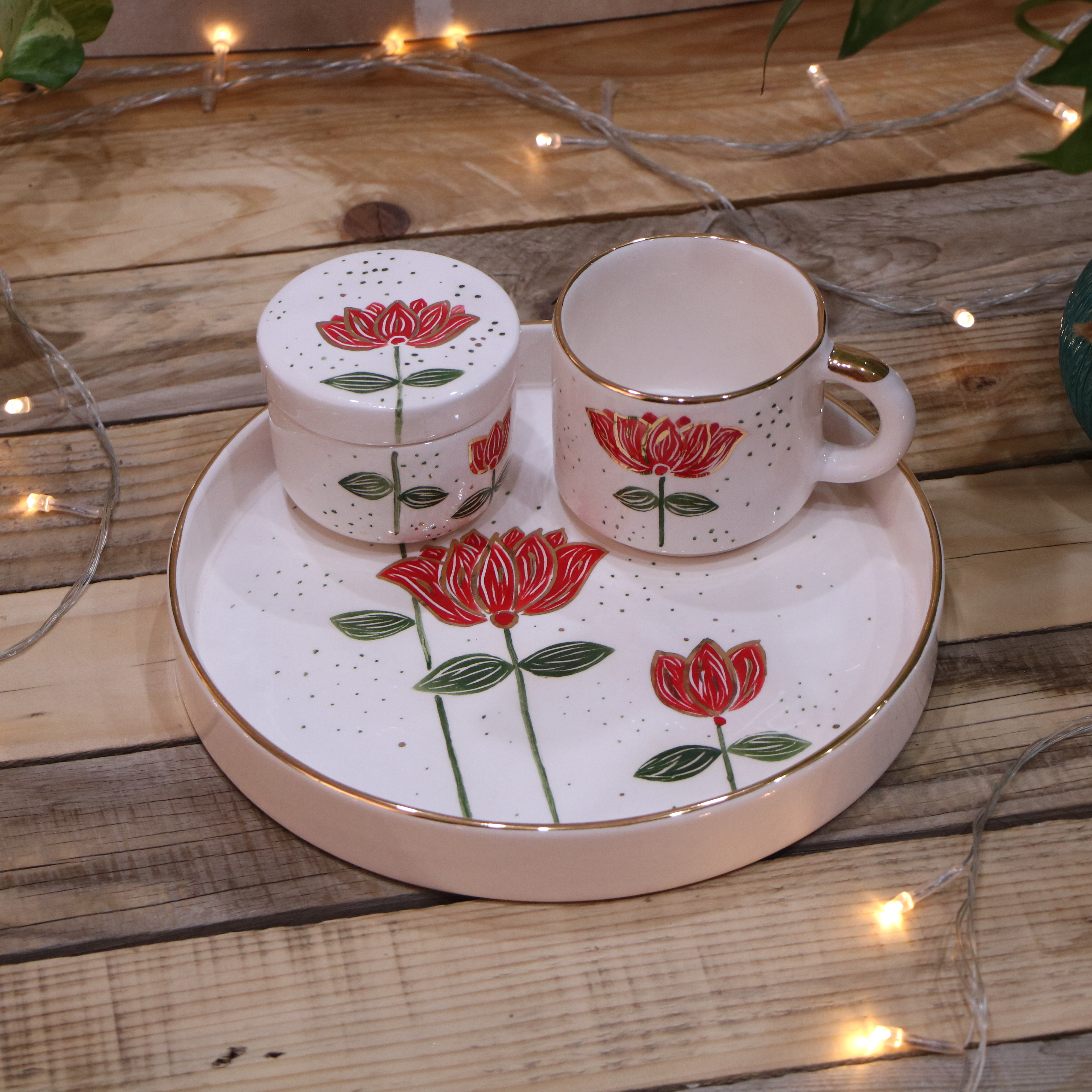 ست چای خوری سرامیکی دستساز نقاشی شده لبه طلادار